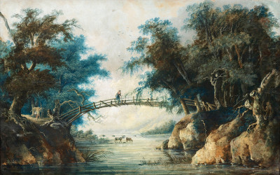 ₴ Репродукція краєвид від 211 грн.: Річковий краєвид з жінкою на мосту