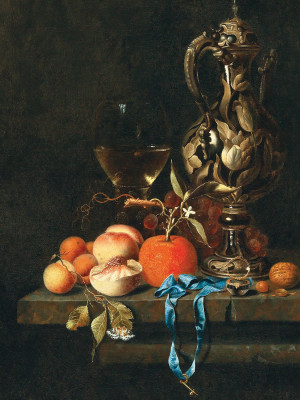 ₴ Репродукція натюрморт від 257 грн.: Абрикоси, персики та інші фрукти зі склом та глечиком