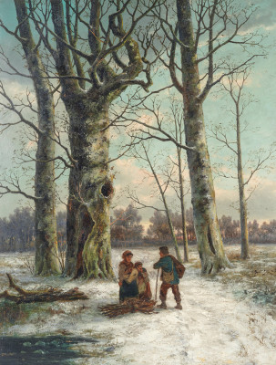₴ Репродукция пейзаж от 371 грн.: Лес зимой с фигурами на заснеженной тропе