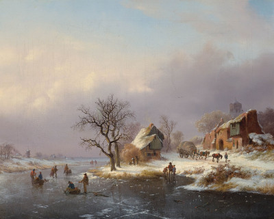 ₴ Репродукция пейзаж от 355 грн.: Зимний пейзаж с фигурами на льду и телегой с сеном