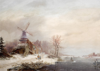 ₴ Репродукция пейзаж от 337 грн.: Зимний пейзаж с деревней, ветряной мельницей и фигурами