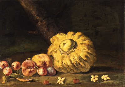 ₴ Репродукція натюрморт від 355 грн.: Диня, персики, сливи та вишня на лісовій підстилці