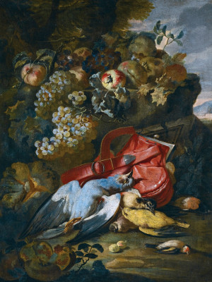 ₴ Репродукція натюрморт від 294 грн.: Натюрморт з голубом, великим дятлом, щиглом, динею, виноградом та іншими фруктами в краєвиді