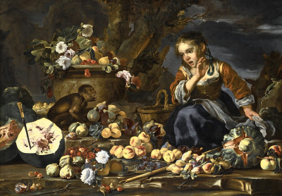 ₴ Репродукція натюрморт від 328 грн.: Кавун, яблука, фіги, гранат, квіти та персики з молодою дівчиною налякана мавпочкою