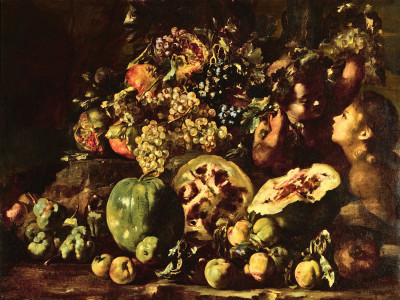 ₴ Репродукція натюрморт від 355 грн.: Натюрморт з кавунами, виноградом, яблуками, гранатом та іншими фруктами, з двома дітьми
