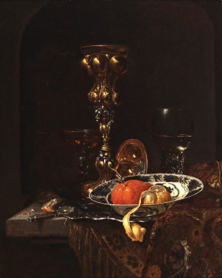 ₴ Репродукція натюрморт від 356 грн.: Дорогоцінні судини, ремер та порцелянова тарілка з апельсином та очищеним лимоном на столі