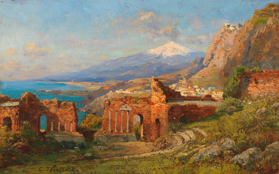 ₴ Репродукція краєвид від 319 грн.: Вид на гору Етна з стародавнього театру Таорміна