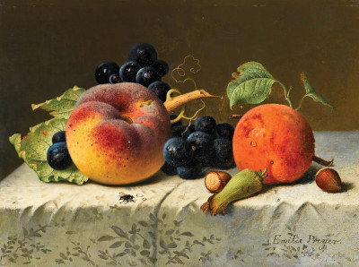 ₴ Репродукція натюрморт від 317 грн.: Персик, абрикос, виноград та горіхи на задрапірованому столі