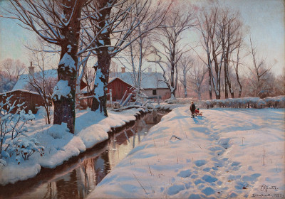 ₴ Репродукция пейзаж от 328 грн.: Зимний пейзаж с детьми, которые катаются на санках