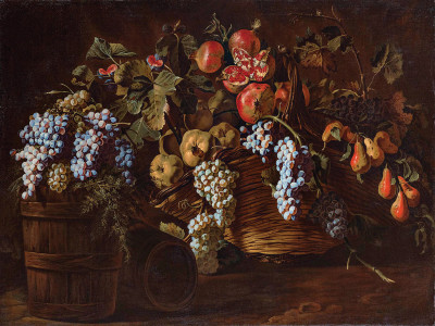 ₴ Репродукция натюрморт от 355 грн.: Корзина для винограда, айва и груши, с фиговой веткой бочкой для винограда
