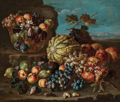 ₴ Репродукція натюрморт від 425 грн.: Диня, виноград, персики та гранати перед скляною вазою з фруктами, краєвид за межами