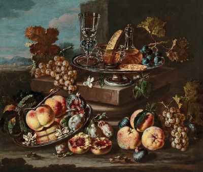 ₴ Репродукція натюрморт від 425 грн.: Персики, інжир і сливи на срібному блюді поруч із цукерками, виноградом і вином