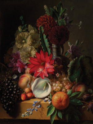 ₴ Репродукція натюрморт від 314 грн.: Натюрморт з квітами та фруктами на виступі