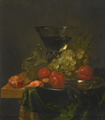 ₴ Репродукція натюрморт від 357 грн.: Ремер, персики, креветки та виноград на олов'яній тарілці