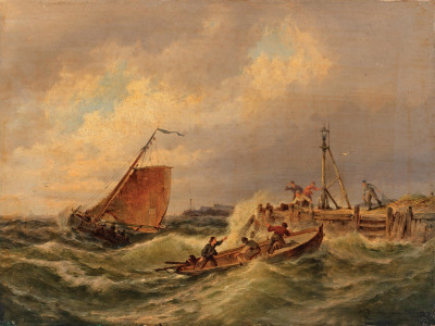 ⚓Репродукція морський краєвид від 386 грн.: Човни в бурхливому морі біля дерев'яної пристані