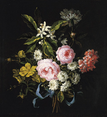 ₴ Репродукція натюрморт від 427 грн.: Букет із ромашок, французьких троянд, жовтих троянд, апельсиновий цвіт та гвоздики, пов'язані блакитною стрічкою