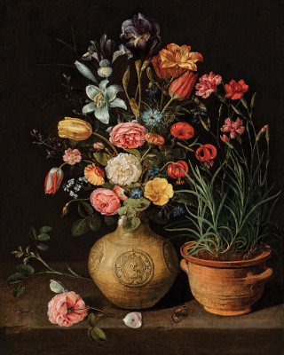 ₴ Репродукция натюрморт от 381 грн.: Розы, лилии, ирис и другие цветы в фаянсовом весе, горшке с гвоздиками и бабочкой
