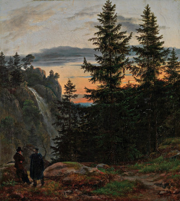 ₴ Репродукция пейзаж от 372 грн.: Двое мужчин перед водопадом на закате