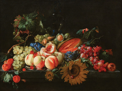 ₴ Репродукція натюрморт від 412 грн.: Натюрморт з персиками та вишнею на таці з іншими фруктами, горіхами та соняшником