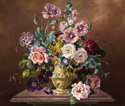 ₴ Репродукция натюрморт от 271 грн.: Маки, розы, ломонос в вазе