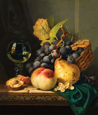 ₴ Репродукция натюрморт от 270 грн.: Натюрморт с персиком, грушей, сливами и виноградом с кубком вина