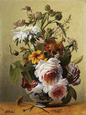₴ Репродукция натюрморт от 198 грн.: Цветочный натюрморт с розами, бархатцами и хризантемами