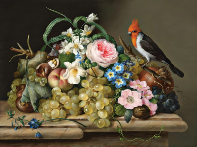₴ Репродукція натюрморт від 306 грн.: Натюрморт з квітами, фруктами та птицею