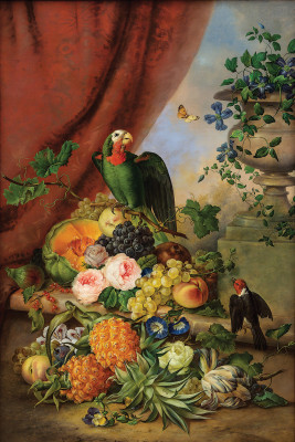 ₴ Репродукция цветочный натюрморт от 276 грн.: Натюрморт с цветами, фруктами и попугаем