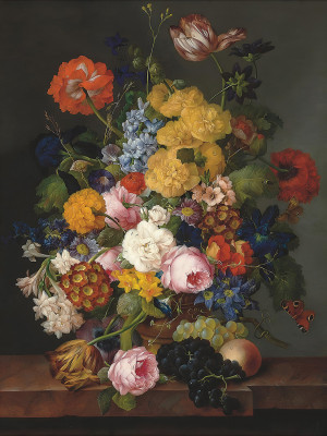 ₴ Репродукция цветочный натюрморт от 249 грн.: Натюрморт с весенними и летними цветами в урне с фруктами