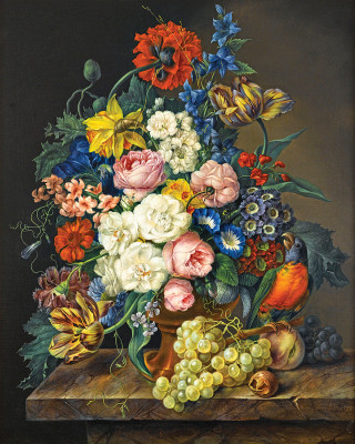 ₴ Репродукция цветочный натюрморт от 302 грн.: Большой букет цветов с попугаем