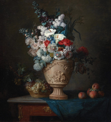 ₴ Репродукція квітковий натюрморт від 339 грн.: Букет квітів в теракотової вазі з персиками та виноградом