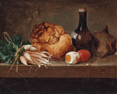 ₴ Репродукция натюрморт от 329 грн.: Пастернак, хлеб, яйца и бутылка на каменном выступе