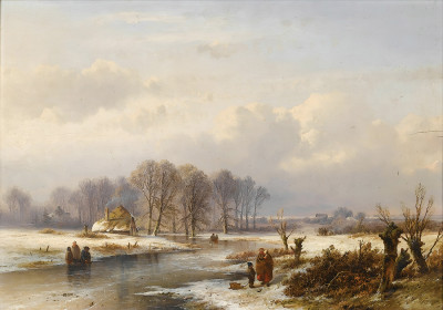₴ Репродукция пейзаж от 306 грн.: Зимний пейзаж с фигуристами на замерзшей реке