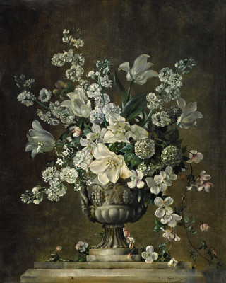 ₴ Репродукция цветочный натюрморт от 308 грн.: Белые цветы в серебрянной вазе