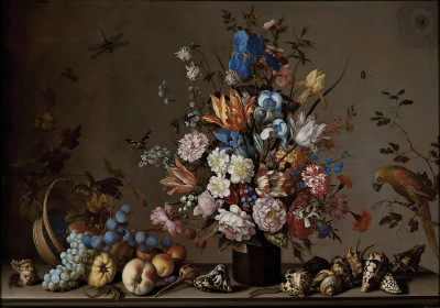 ₴ Репродукція квітковий натюрморт від 284 грн.: Натюрморт із похиленим кошиком із фруктами, вазою з квітами та мушлями