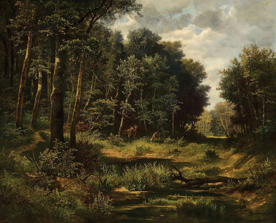 ₴ Репродукция пейзаж от 402 грн.: Косуля возле лесного пруда