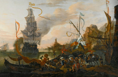 ⚓Репродукция морской пейзаж "Левантин гавань с галером и боевым кораблем, идущим на якорь, вместе с множеством фигур на берегу"