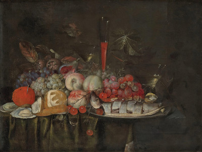 ₴ Репродукция натюрморт "Фрукты и нарезанная сельдь"