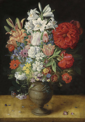 ₴ Репродукция цветочный натюрморт известного художника "Цветы в немецкой вазе Tigerware с мухой и бабочкой-адмиралом на выступе"
