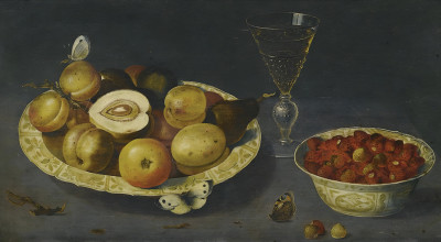 ₴ Репродукция натюрморт известного художника "Натюрморт с клубникой, грушами и персиками в чашах фарфора на столе с бокалом для вина и бабочками"