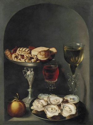 ₴ Репродукция натюрморт известного художника "Устрицы на оловянной тарелке, сладости и печенье в серебряной тарелке, два бокала для вина в стиле фасон-де-венез и апельсин в нише"