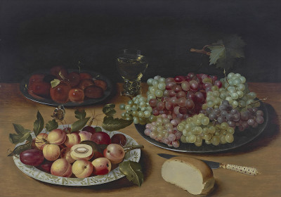 ₴ Репродукция натюрморт известного художника "Оловянные тарелки с персиками и виноградом, а также фарфоровая тарелка с персиками и сливами, хлеб и нож на столешнице"