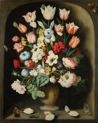 ₴ Репродукция цветочный натюрморт известного художника "Натюрморт с цветами в каменной вазе в нише"