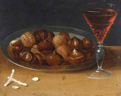 ₴ Репродукция натюрморт известного художника "Натюрморт с блюдом каштанов и грецких орехов, бокал красного вина"