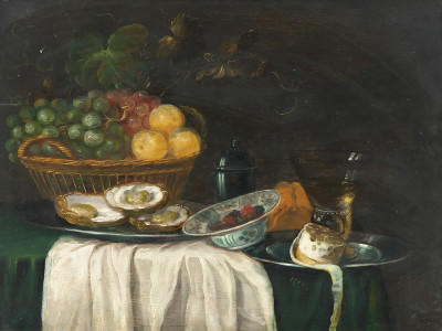 ₴ Репродукция натюрморт известного художника "Натюрморт с виноградом, ягодами, устрицами, лимоном и бокалом вина"