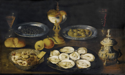 ₴ Репродукция натюрморт известного художника "Натюрморт с устрицами и оливками на жестяных тарелках вместе с серебряным ящиком для специй, чашкой для наутилуса и миской Ван-ли с сахарным печеньем"