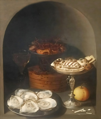 ₴ Репродукция натюрморт известного художника "Натюрморт с устрицами, сладостями и сухофруктами в каменной нише"