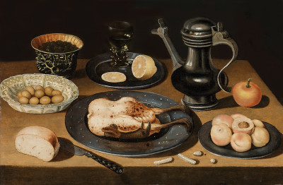 ₴ Репродукция натюрморт известного художника "Натюрморт с жареной курицей, оливками, фруктами и хлебом"