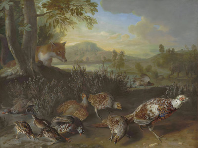 ₴ Репродукция натюрморт известного художника "Английская и французская куропатки, выводок перепелов и декоративный фазан, потревоженные лисой на берегу реки"