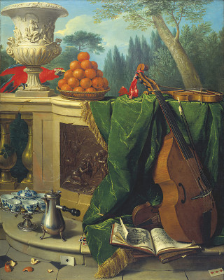 ₴ Репродукция натюрморт известного художника "Натюрморт с ара, барельефом, музыкальными инструментами и шоколадницей"